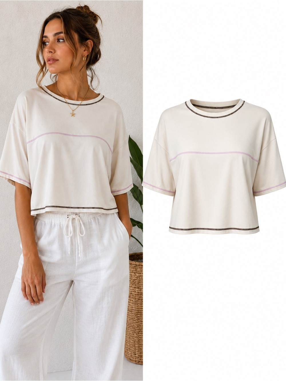 Hurley | Cream Contrast Stitch Boxy Cropped Tee | XL | Coastal Minimalist